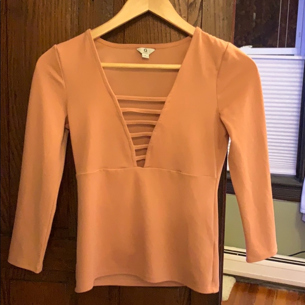 Guess Pink Low V Neck Blouse